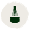 A dark green minimalist icon depicting a whisk and bowl, centered on a light beige circular background with a textured brushstroke border.